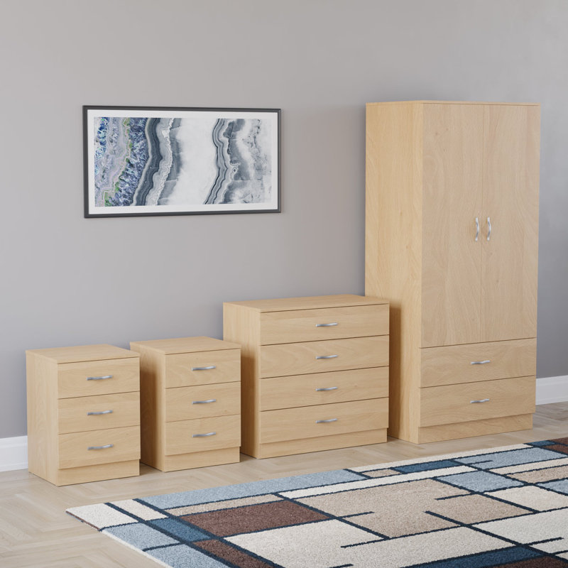 Tayce 4 Piece Bedroom Set (3 Drawer Bedside Chest X2, 4 Drawer Chest, 2 Door 2 Drawer Wardrobe), Tan