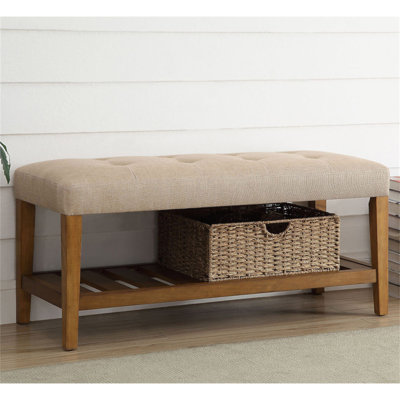 Beige And Oak Tufted Padded Seat Bench