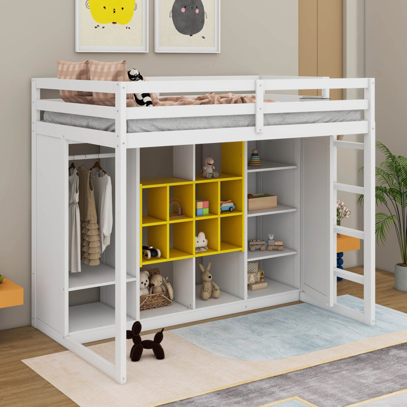 Lit mezzanine en bois avec garde-robe, tablettes et armoire, Lit simple, Blanc / jaune