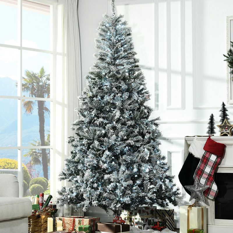 Arbre de Noël artificiel floqué, 7,5 pi, blanc froid, ignifuge, conception à ouverture automatique, 500 lumières, 1254 branches Arbre de 7,5 pi avec flocage, ouverture automatique, assemblage facile, 46,22 po x 90,5 po, branches, base
