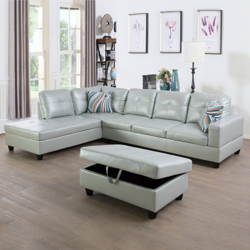 3-Piece Upholstered L-shaped Living Room Sectional, Left Hand Facing, Silver/Green