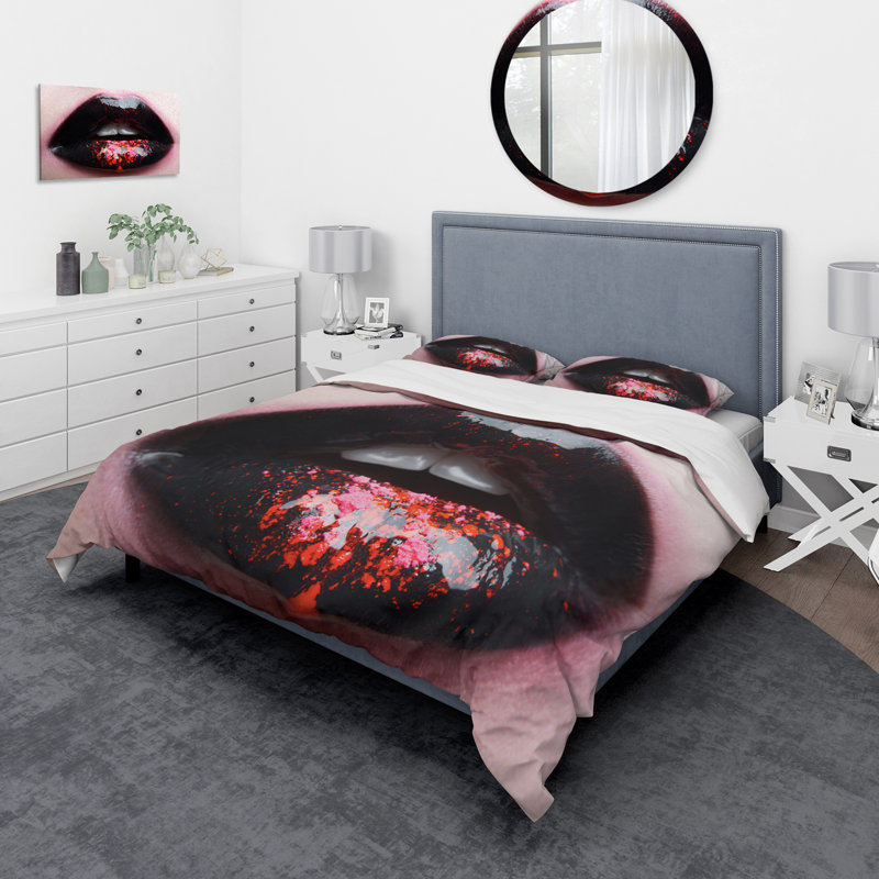 Plump Woman Lips With Black and Pink - Ensemble de housse de couette moderne - Microfibre de polyester