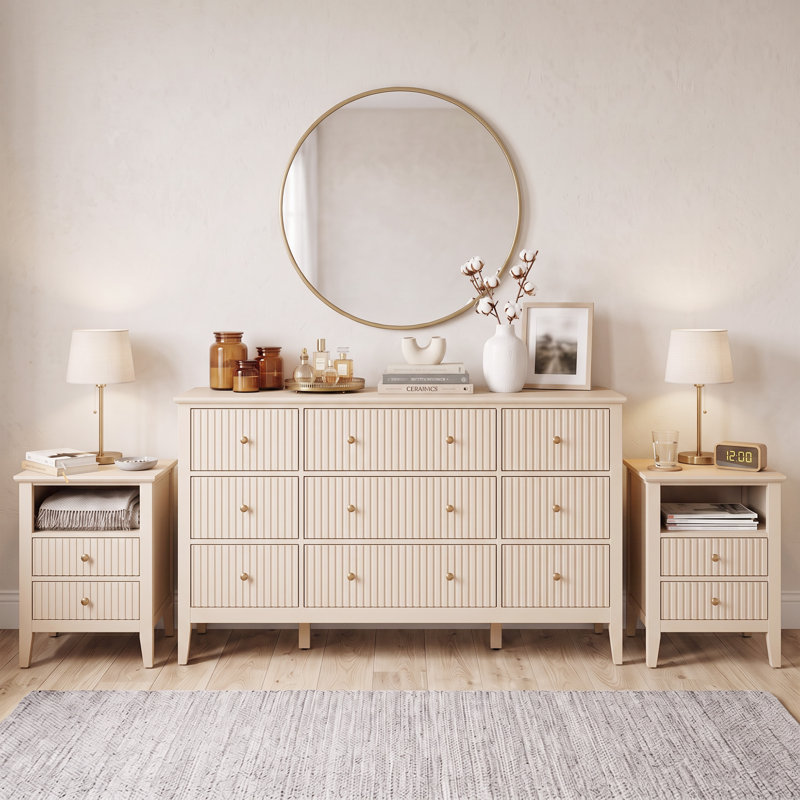 Ensemble de chambre à coucher 3 pièces avec commode 9 tiroirs et deux tables de chevet 2 tiroirs Amberrae, beige, Beige