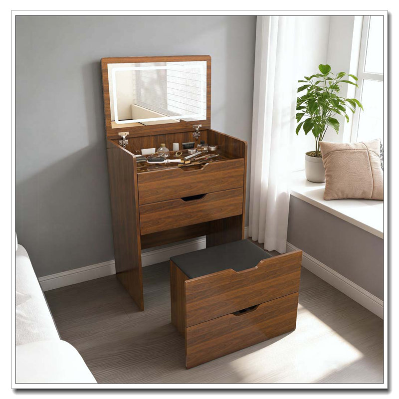 Bureau de coiffeuse 3-en-1 avec miroir lumineux et tabouret, Walnut-23.62"L