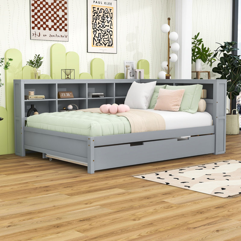 Wood Daybed with Twin Trundle, Storage Shelf, and USB Charging Ports, Gray, Full/Double