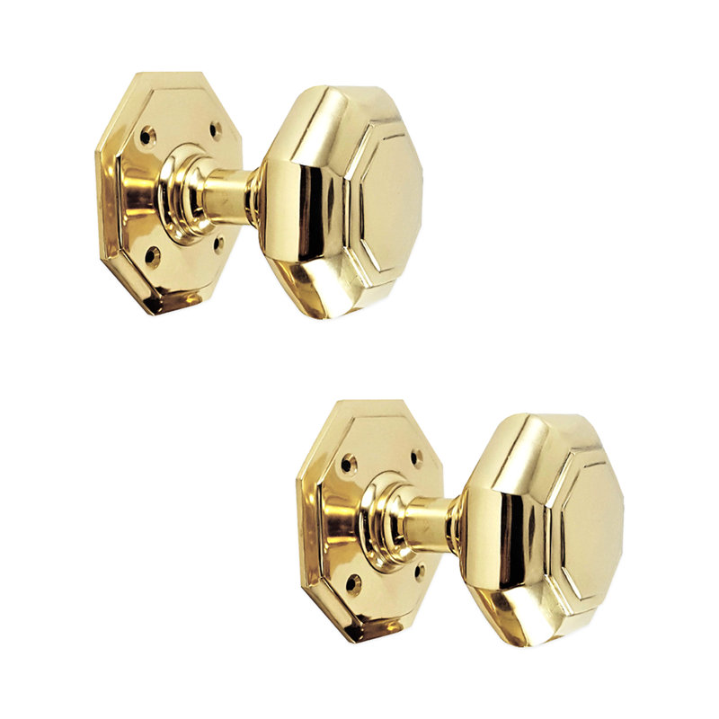 Octagonal Mortice Door Knobs, Polished Brass