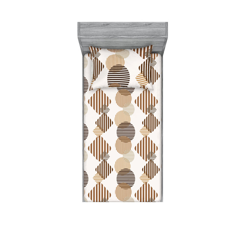 Drap-housse et taies décoratives 3 pièces Ambesonne, Brun chocolat / motif géométrique blanc cassé