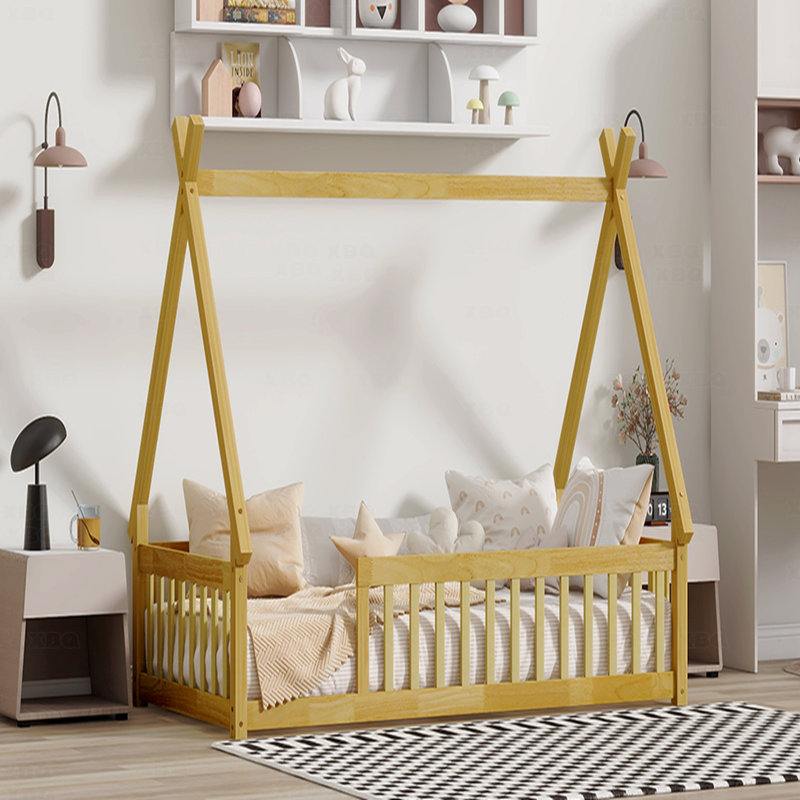 Twin Bed, Tent-Shaped Floor, with Guardrails,Slats, Brown