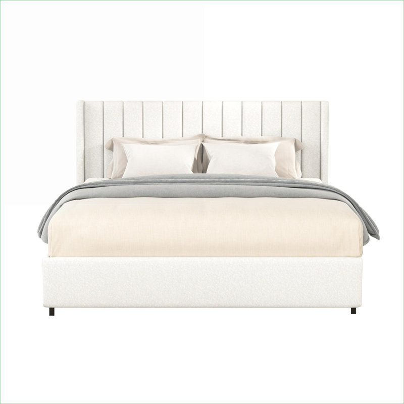 Queen Size Platform Bed, Warm Beige Boucle Upholstered, 4-Drawer Storage with Tufted Headboard for Bedroom, Ivory
