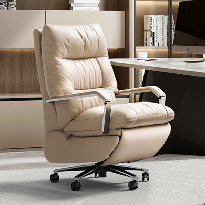 Fauteuil de bureau café léger + cuir véritable argenté réglable + similicuir + alliage d'aluminium