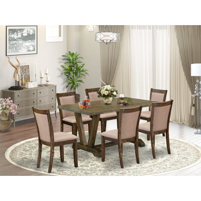 7 Piece Set a Distressed Jacobean Top Kitchen Table with Trestle Base and 6 Dark Khaki Linen Fabric Dining Chairs- Distressed Jacobean Finish