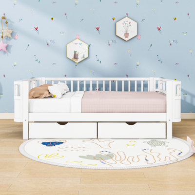 Versatile Wooden Bed With Wheeled Storage Drawers