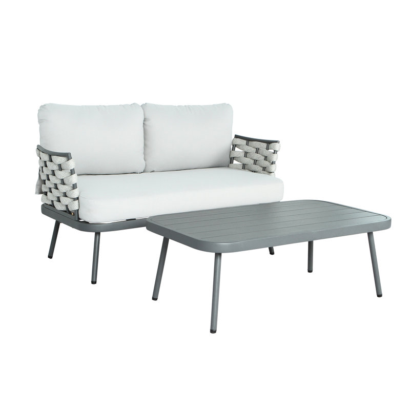 Ensemble de salon de jardin 2 places en acier gris, structure en corde tressée à la main, coussins épais déperlants et antirouille, style moderne du milieu du siècle, housses de coussin amovibles