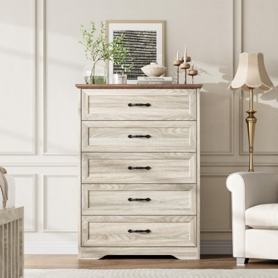 5 Drawer Dresser for Bedroom, Farmhouse Modern Wooden Tall Chest of Drawers with Wide Metal Handle