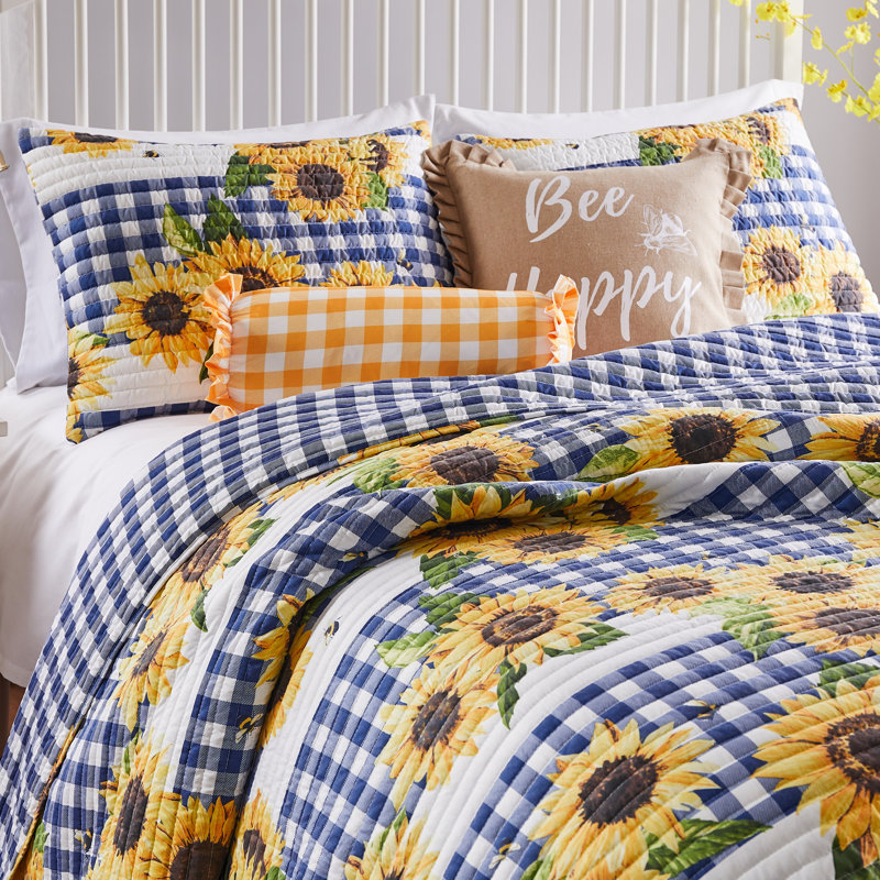 Sunflower and Blue Gingham Twin Microfiber Reversible Quilt Set