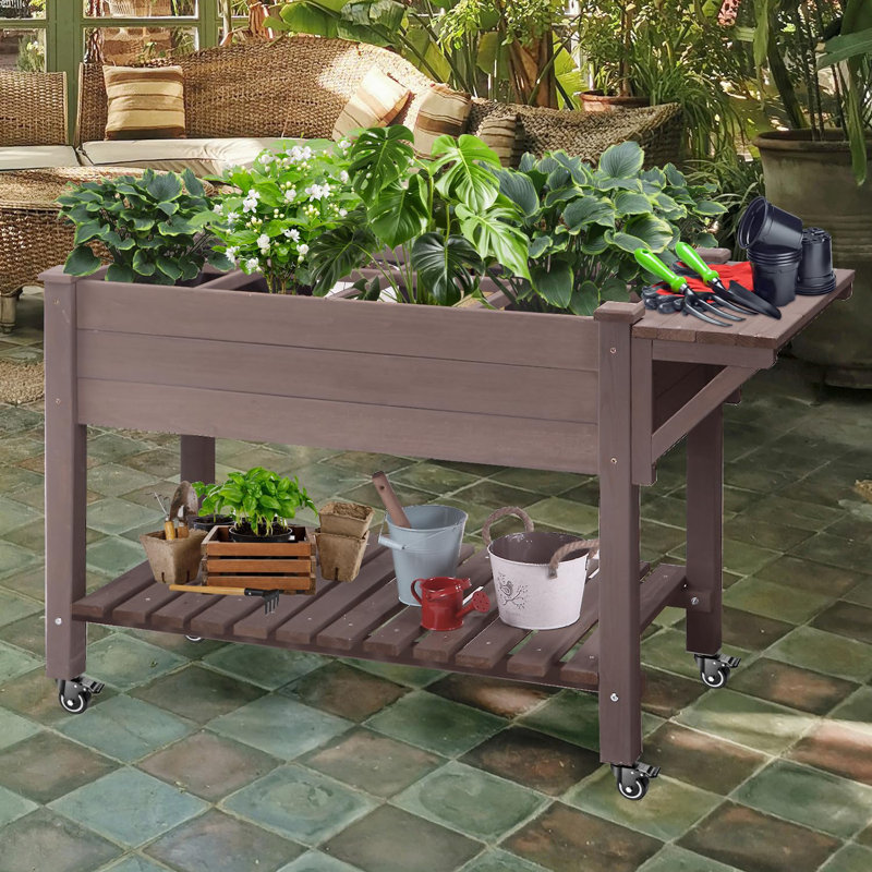 Elevated Wooden Planter Box with Locking Casters - 52.7" L x 22" W x 30" H Raised Garden Bed, Removable Liner & 230lb Weight Capacity for Outdoor Plants