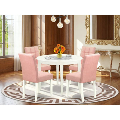L'ensemble de table de salle à manger 5 pièces comprend une table de salle à manger et 4 chaises de salle à manger Parson en tissu de polyester beige rouge avec dossier élégant - finition lin blanc