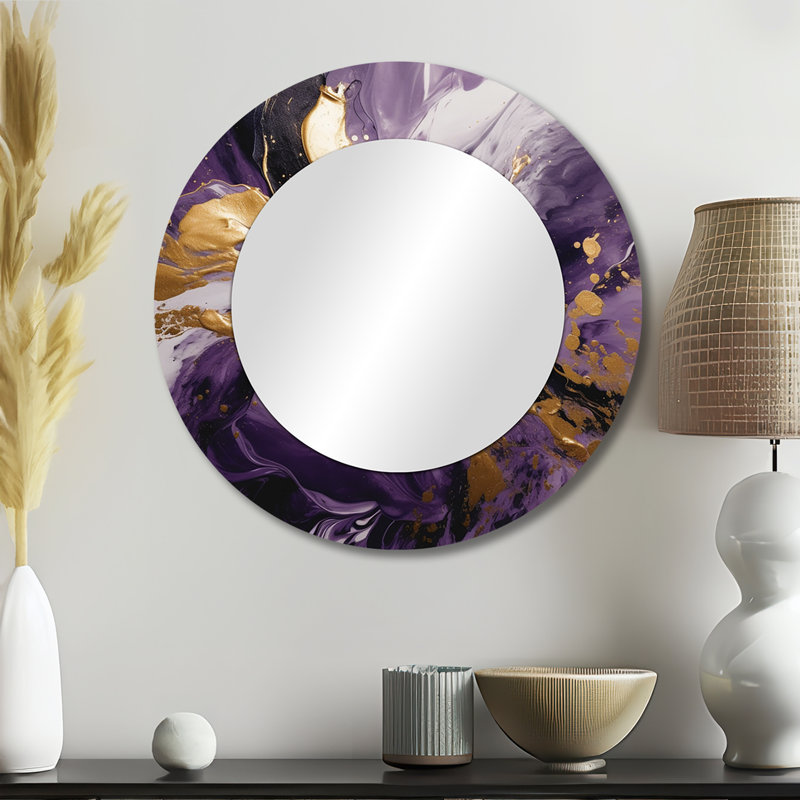 Purple and Gold Liquid Magic II - Abstract Mirror, Modern Round Unique Wall Mirror, Printed Metal Art, 23" x 23"
