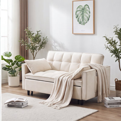 55-Inch Velvet Convertible Sofa Bed, 3-in-1 Pull-Out Sleeper Loveseat with Pillows & Side Pockets, Beige