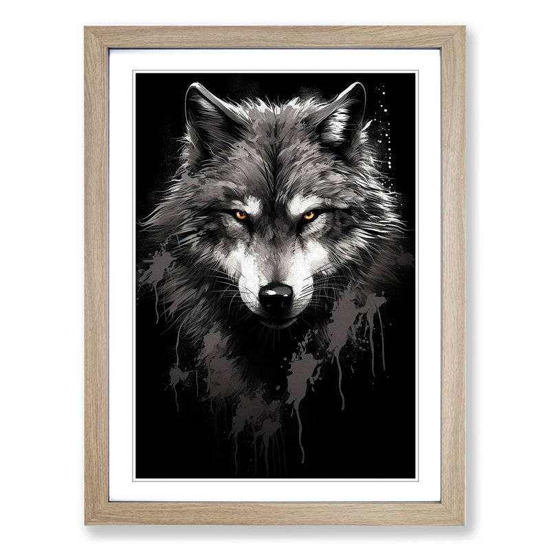 XYZ-FRM-V1223-1698 Wolf Line - Single Picture Frame Print on Wood, Oak, 34cm H x 25cm W x 2cm D
