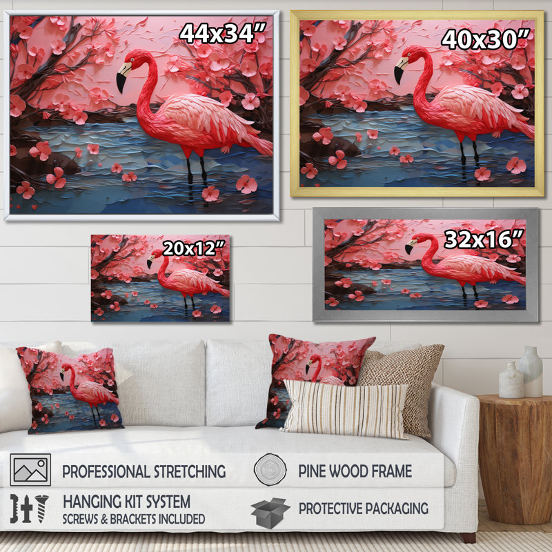 Flamant rose Elegance III - imprimé, Cadre doré simple, H 24 po x l 32 po x P 1 po