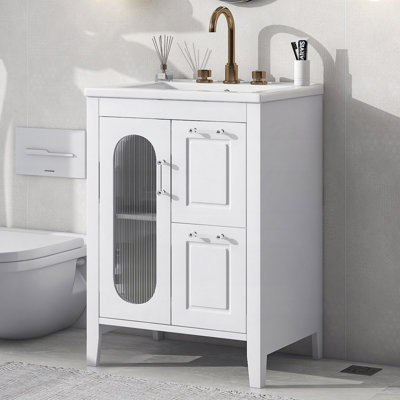 Meuble-lavabo avec lavabo, meuble-lavabo avec deux tiroirs et porte, tablette réglable, bois massif et panneau de fibres à densité moyenne