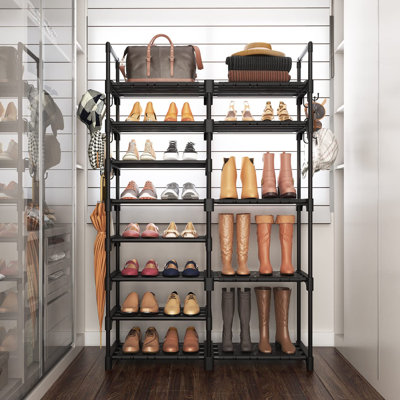 Range-chaussures ROJASOP, étagère à chaussures en métal à 8 niveaux pour le garage de vestibule, 26-32 paires de tablettes de rangement pour chaussures avec 15 crochets, grand support à chaussures empilable