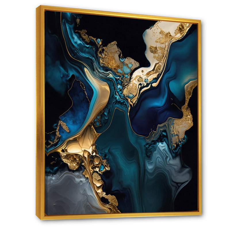 «Abstract Geode Marble Blue IV», art abstrait sur toile marbrée, L 24 po x H 32 po, Toile avec cadre flottant or