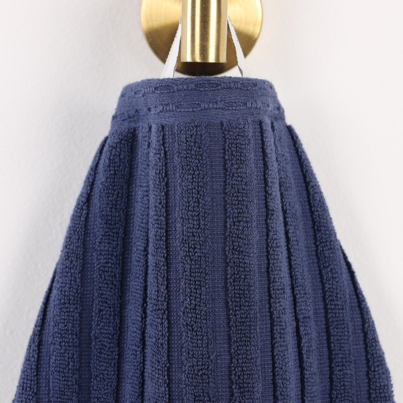 Juras Soho Cotton Ribbed Checkered Border Medium Weight Washcloths Face Towels, Navy Blue