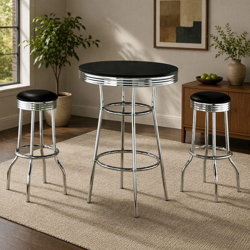 Ensemble table et chaises de bar rondes noires 3 pièces style bistrot pub des années 1950