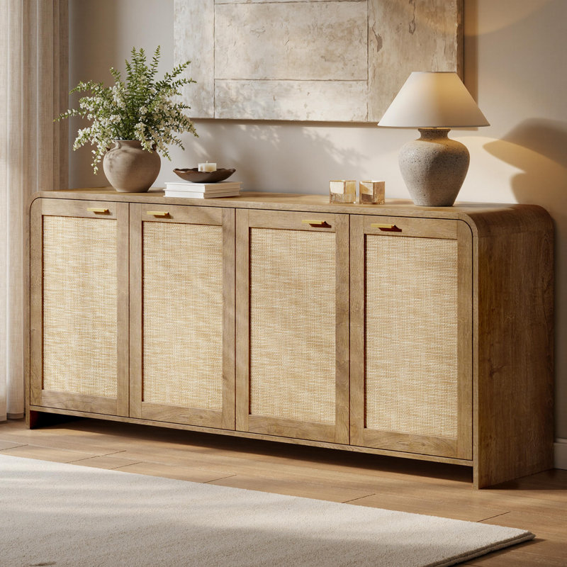 Buffet en rotin de 170 cm de large avec rangement, style bohème, à 4 portes, grand buffet-crédence pour salon, cuisine et entrée.