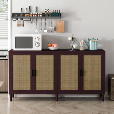 Armoire de rangement brune de 70 po avec tablettes réglables et poignées en bois massif, solution de rangement multifonctionnelle Tablettes de 70 po à quatre portes, attrayante et pratique