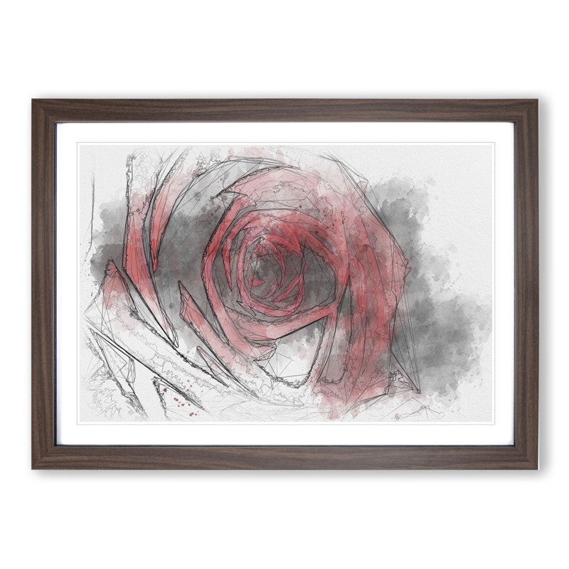 Red Rose Flower Vol.6 - Picture Frame Drawing, 27cm H x 36cm W x 2cm D, Walnut Framed