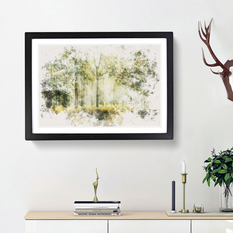 View Of The Forest In The Spring Watercolour - Framed Print, 62cm H x 87cm W x 2cm D, Black