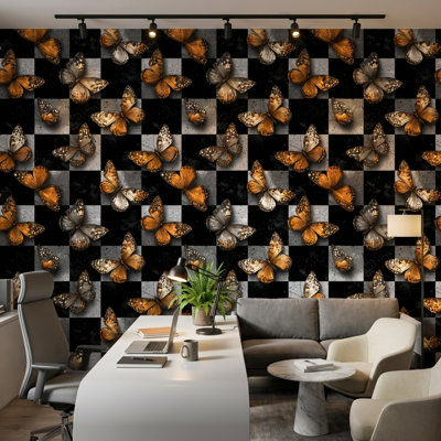 Papier peint décoratif à carreaux avec papillons