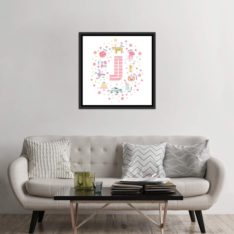Lettre illustrée J rose - impression, Pas de tapis, H 37 po x l 37 po x P 1,5 po, Toile avec cadre noir patiné