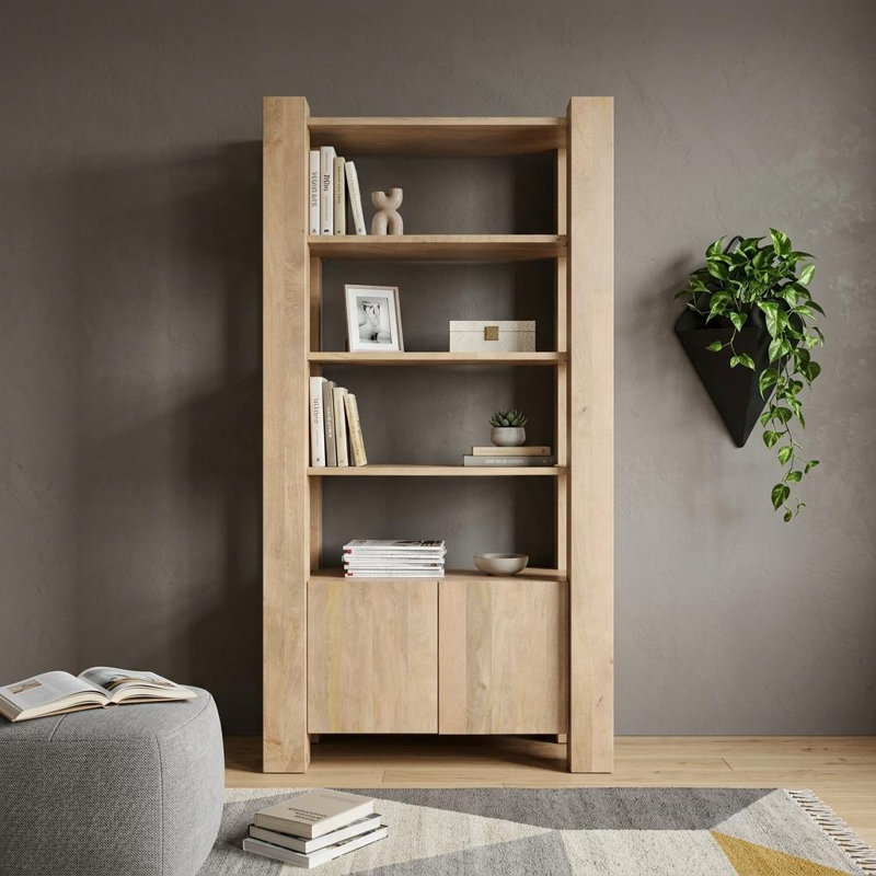 42" Natural Solid Wood Four Tier Bookcase with Two Doors