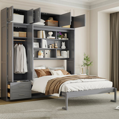 Grand lit escamotable mural avec armoire supérieure, tablettes et garde-robe, lit pliant peu encombrant, gris