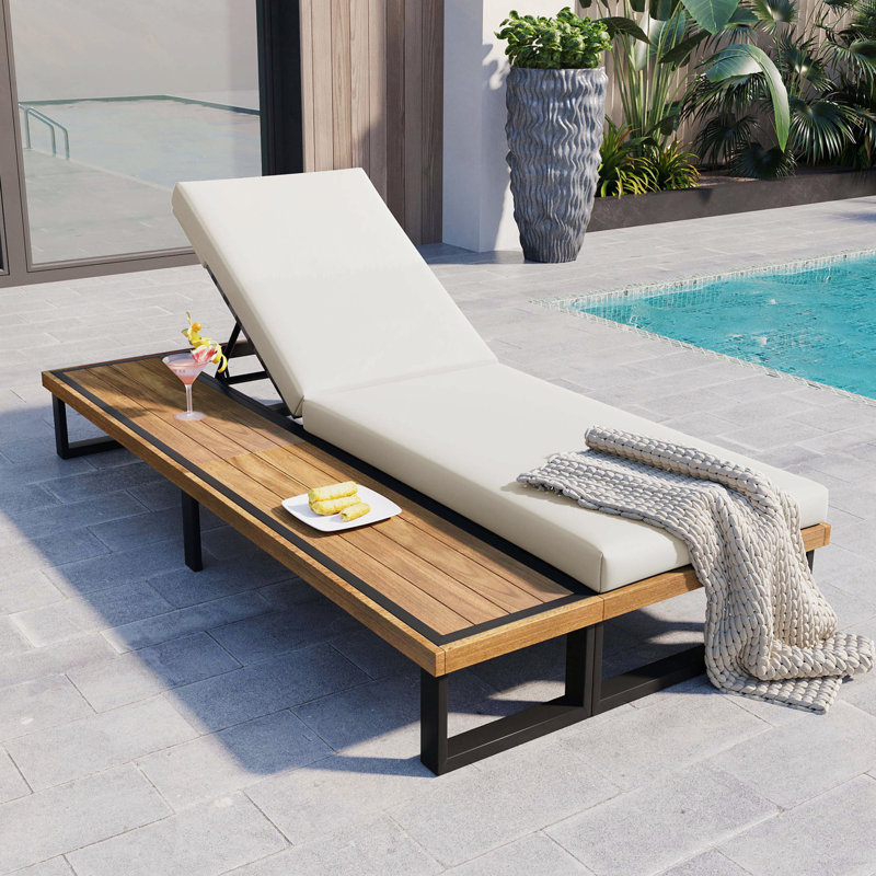 Outdoor Chaise Lounge Chair with 5-Position Adjustable Backrest, Reclining with Cushion, Patio Lounger with Wood Side Table, Sturdy Frame for Poolside, Garden, and Backyard