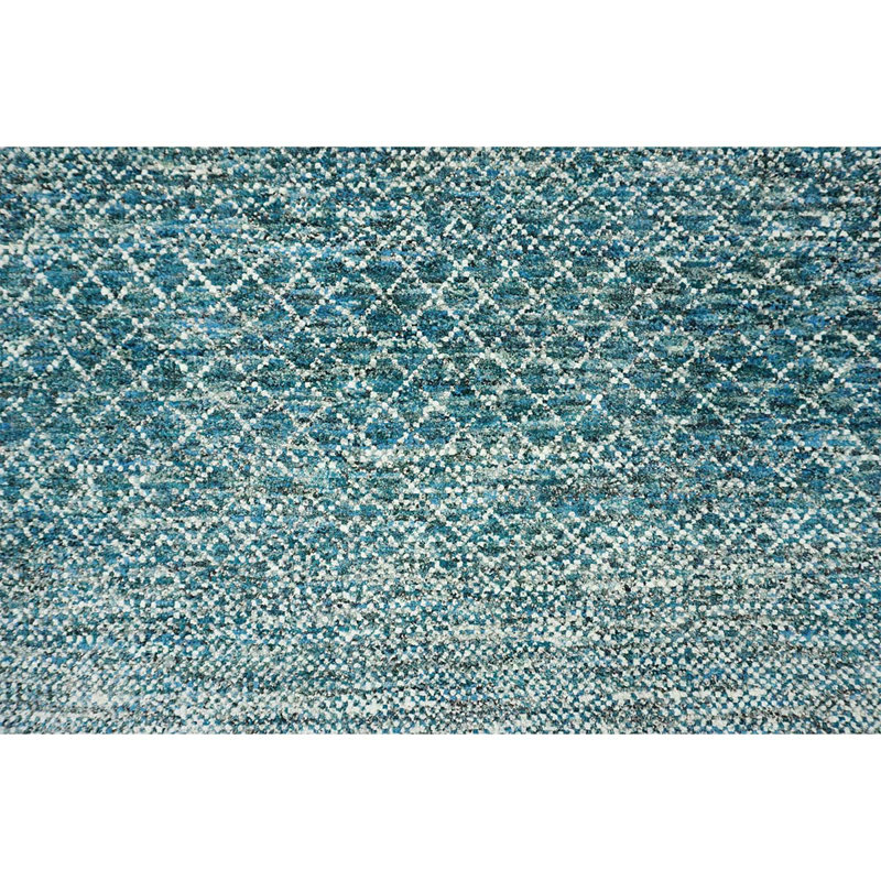 Tapis géométrique rectangulaire en laine noué à la main bleu / gris, Rectangle 9 pi x 12 pi