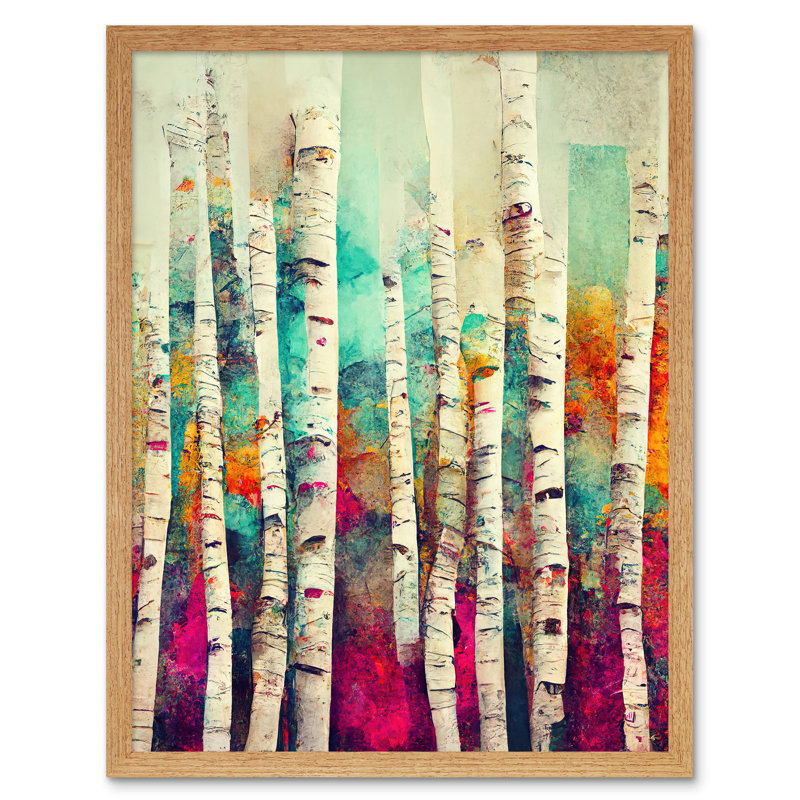 Abstract Multi Coloured Birch Tree Forest 1 Piece Wall Art, 43cm H x 33cm W, Light Brown Framed Paper