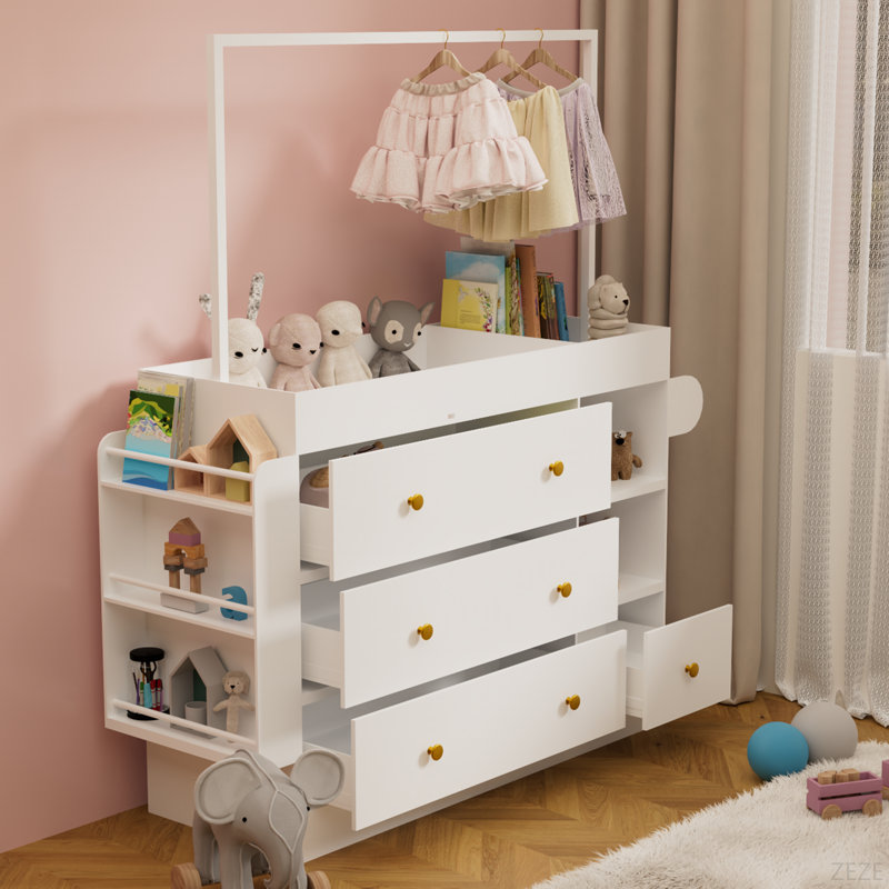 Commode de table moderne, table à langer avec 3 tiroirs très profonds, tablettes de rangement et cintres, table à langer multifonctionnelle avec séchoir pour chambre de bébé