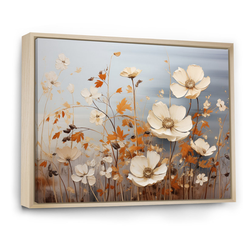 Attilio - blanc, orange, minimalisme, collage de fleurs - impression, Cadre naturel flottant, H 16 po x l 32 po x P 1 po