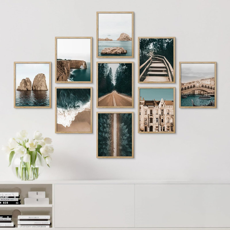 " Set Duotone Coastal Beach Ocean Forest Architecture Nature Wilderness Roads " 9 - Pieces, 10" H x 8" W x 1" D, Natural