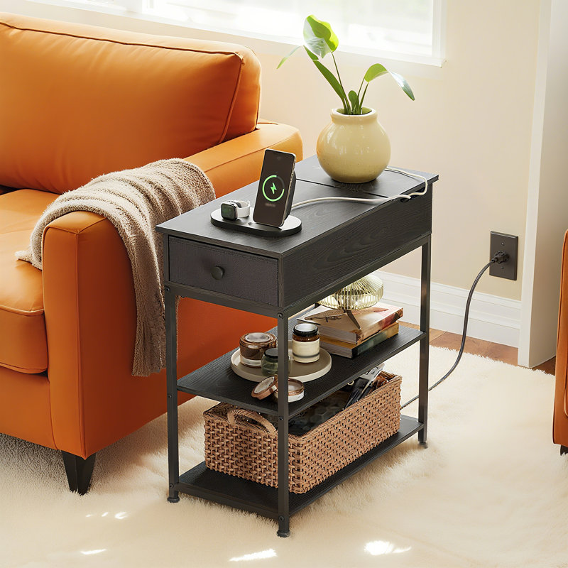 Reggis 24'' End Table with Power Outlets & USB, Side Table with Drawer and 2 Shelves, Farmhouse Side Table for Small Spaces, End Table With Drawer For Living Room, Bedroom