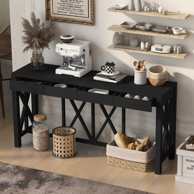 Console en placage d'acacia de 60 po avec 4 tiroirs spacieux, table d'entrée de conception Crisscross avec rangement inférieur ouvert, table de canapé de style campagnard pour le salon, la cuisine, la salle à manger, le couloir