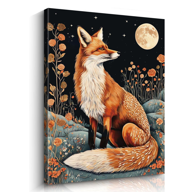 Reproduction d'art sur toile encadrée de renard rétro, 12 x 16 pouces, lune et fleurs
