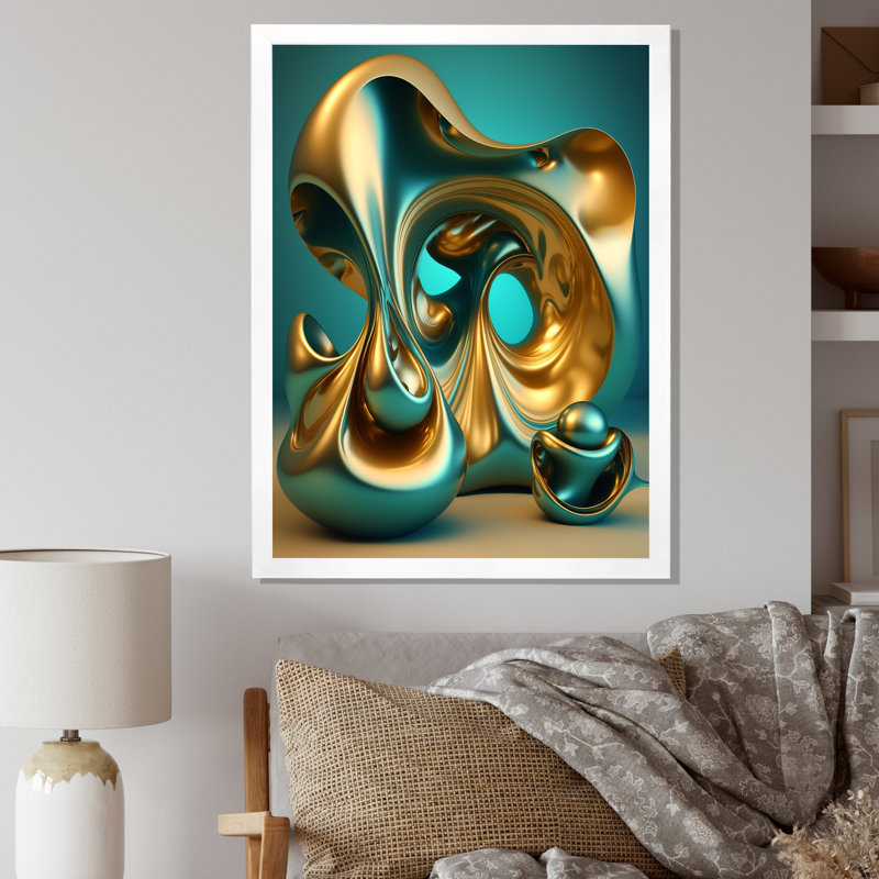 «Confronting Infinity 3D Turquoise Gold Sphere I», reproduction sur toile, H 20 po x l 12 po x P 1 po, Cadre photo blanc