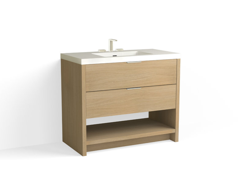 Vue 42" W Freestanding Single Bathroom Vanity, Satin Brass, White Nanomatte, Matte White/8" Widespread