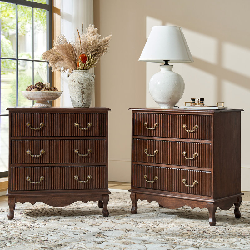 Kaybri Transitional 28"W 3-Drawer Solid Wood Fluted Chest with Built-In Power Outlet Simple Assembly Set of 2, Walnut